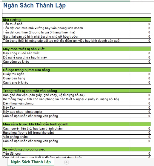 Hình ảnh File Excel ngân sách thành lập