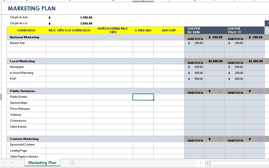 Hình ảnh File Excel kế hoạch Marketing