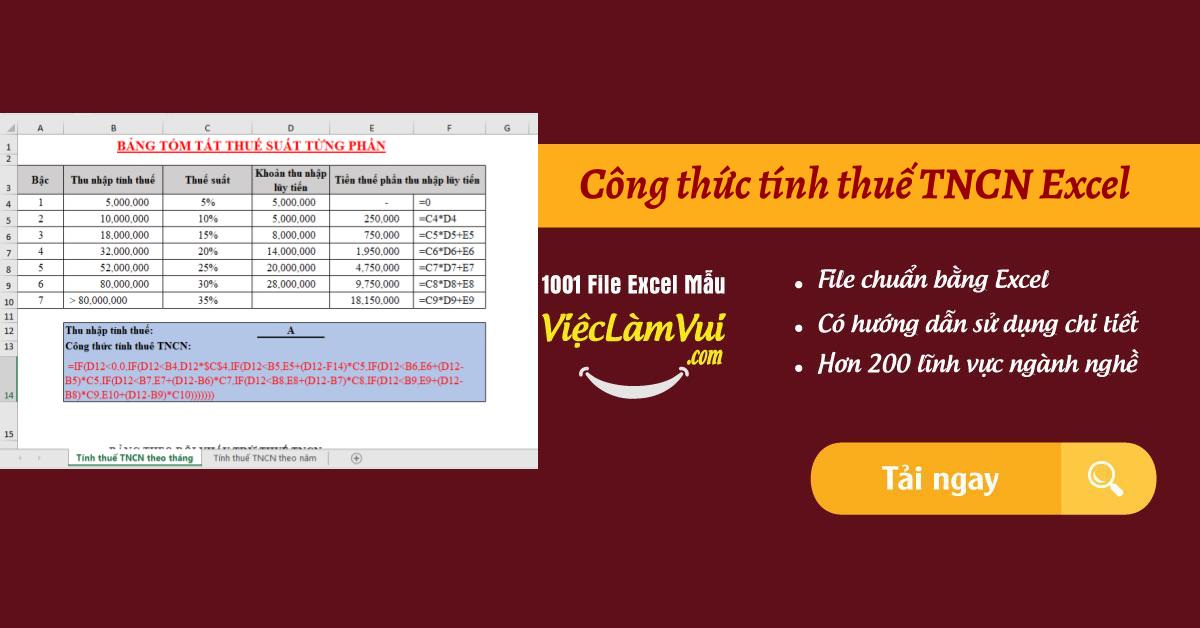 Công thức tính thuế TNCN Excel