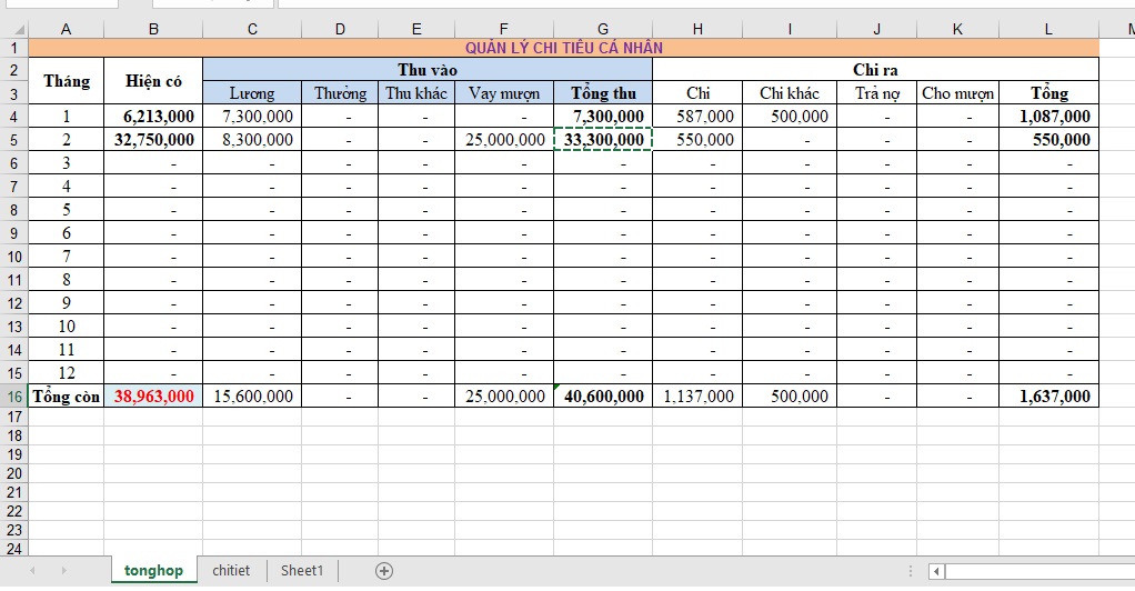 Tệp Excel quản lý thu nhập cá nhân và bảng tổng hợp