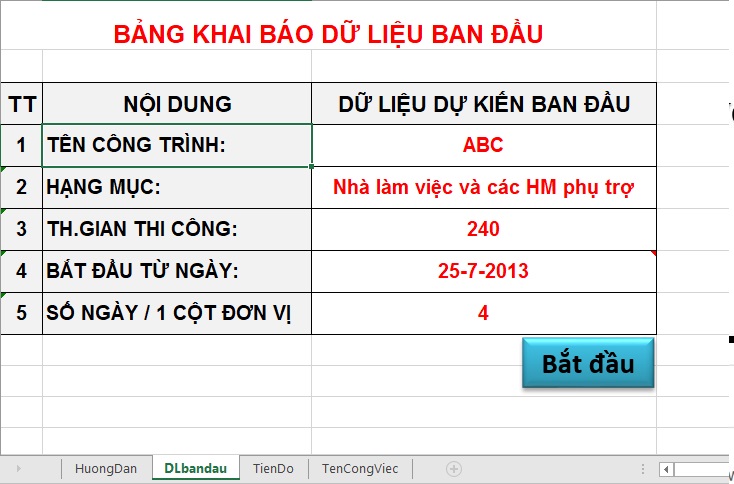 Hình ảnh bảng khai báo dữ liệu ban đầu