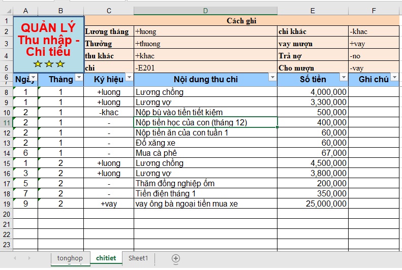 Tệp Excel quản lý thu nhập cá nhân và bảng tổng hợp