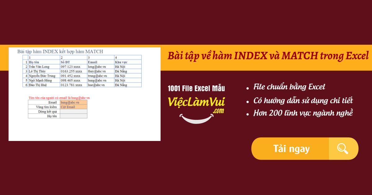 Bài tập về hàm INDEX và MATCH trong Excel