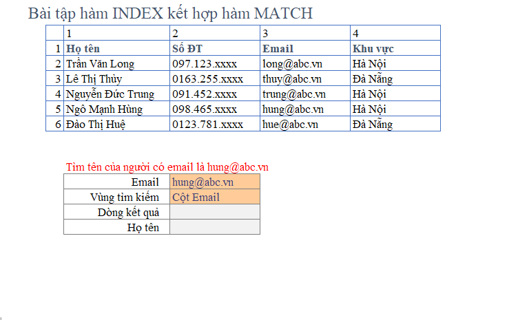 Bài tập tìm kiếm từ phải qua trái với hàm INDEX và MATCH