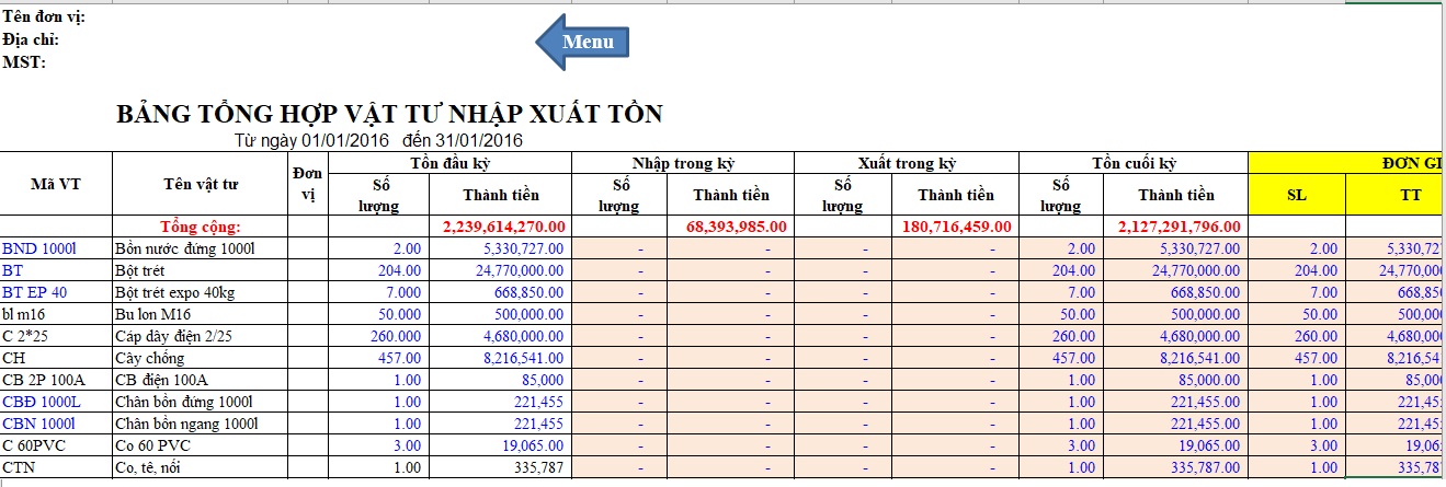 Bảng tổng hợp vật tư nhập xuất tồn