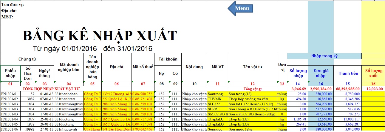 Bảng kê tổng hợp nhập xuất