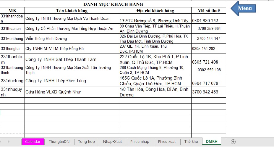 Bảng danh mục khách hàng