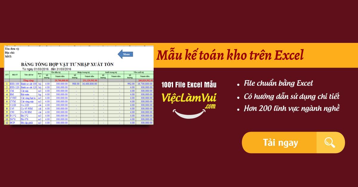 Mẫu kế toán kho trên Excel