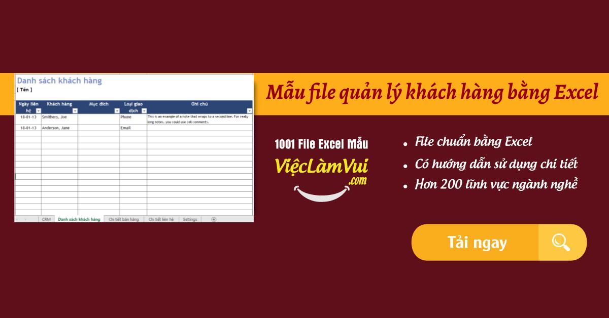 Mẫu file quản lý khách hàng bằng Excel