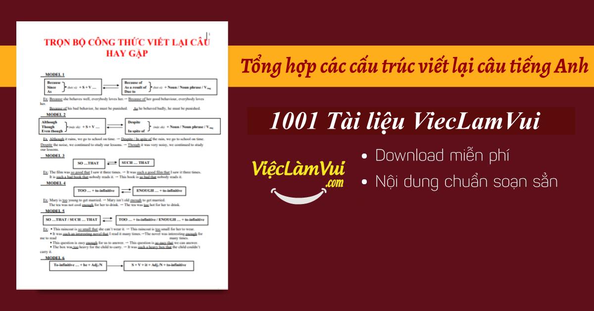 Tổng hợp các cấu trúc viết lại câu tiếng Anh PDF