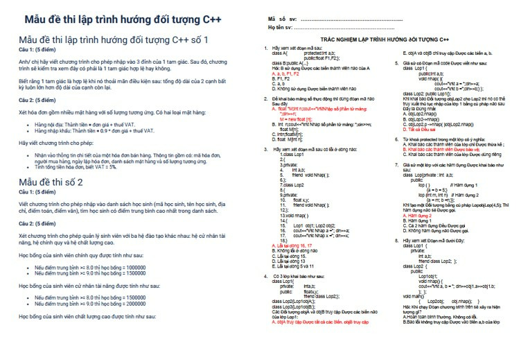 Đề thi lập trình hướng đối tượng C++ PDF