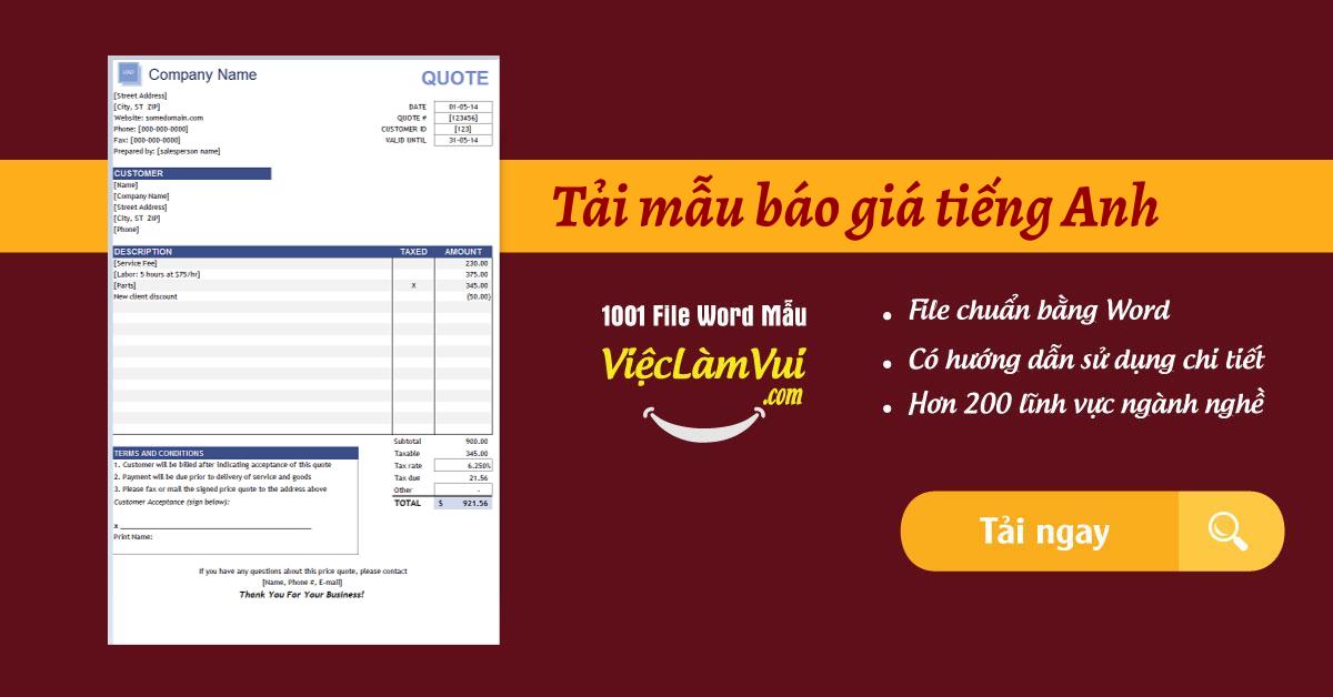 Tải mẫu báo giá tiếng Anh file Excel, Word