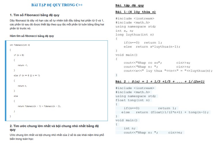 Bài tập đệ quy C++ có lời giải PDF