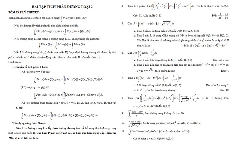 Bài tập tích phân đường loại 2 có lời giải PDF