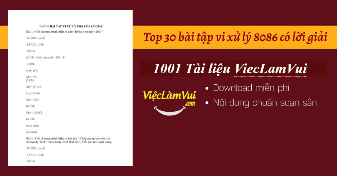 Top 30 bài tập vi xử lý 8086 có lời giải