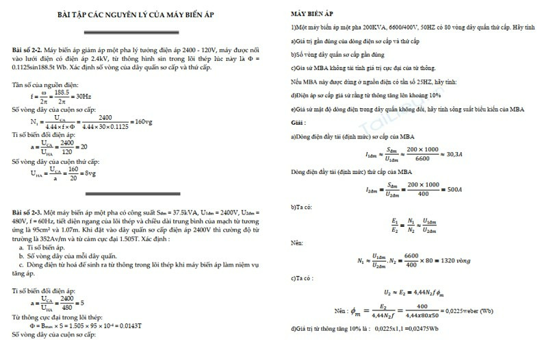 Bài tập máy biến áp có lời giải PDF