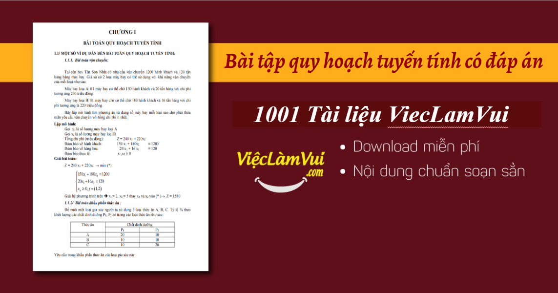 Bài tập quy hoạch tuyến tính có đáp án