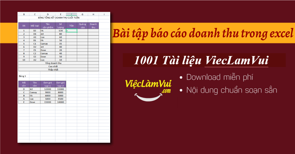 Bài tập báo cáo doanh thu trong excel có lời giải