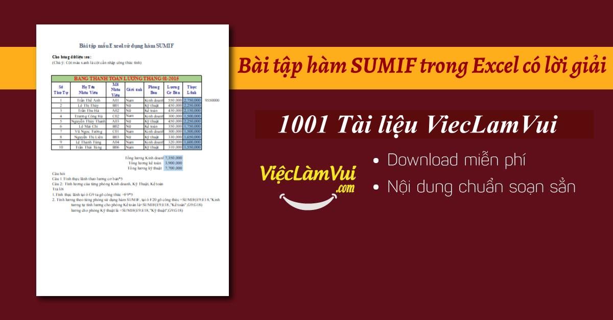 Bài tập hàm Sumif trong Excel có lời giải - ViecLamVui