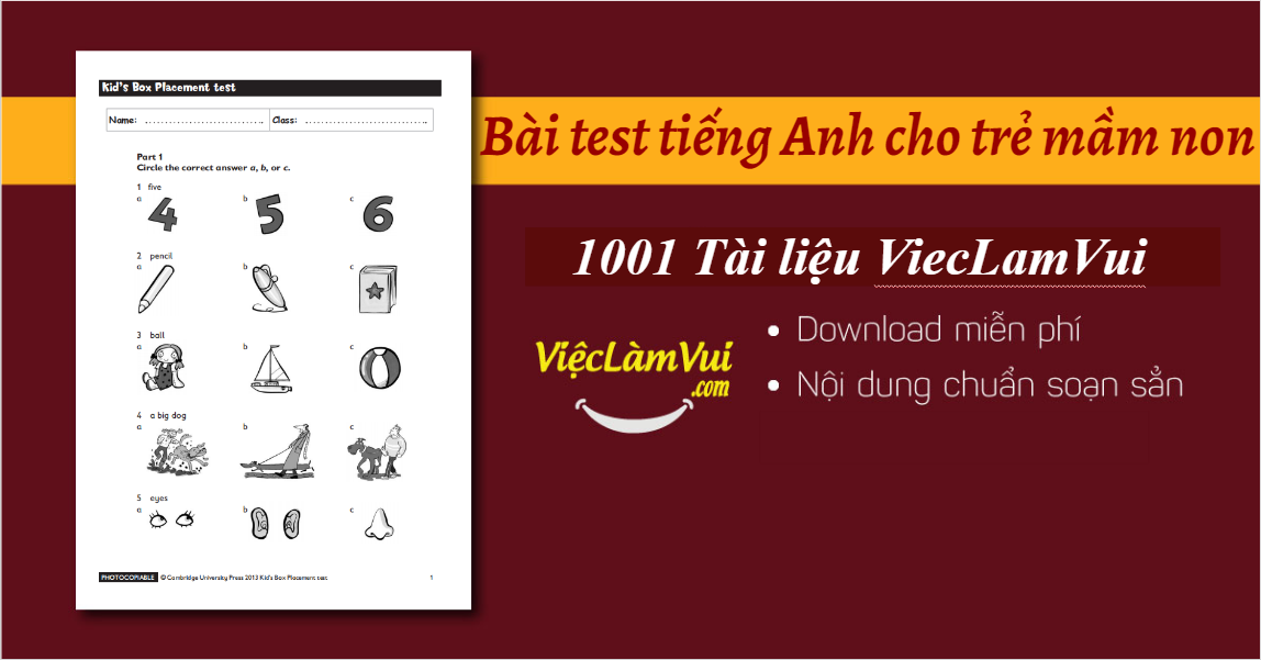 Bài test tiếng Anh cho trẻ mầm non PDF