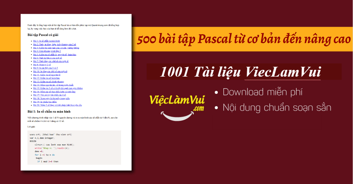 Hơn 500 bài tập Pascal từ cơ bản đến nâng cao có lời giải