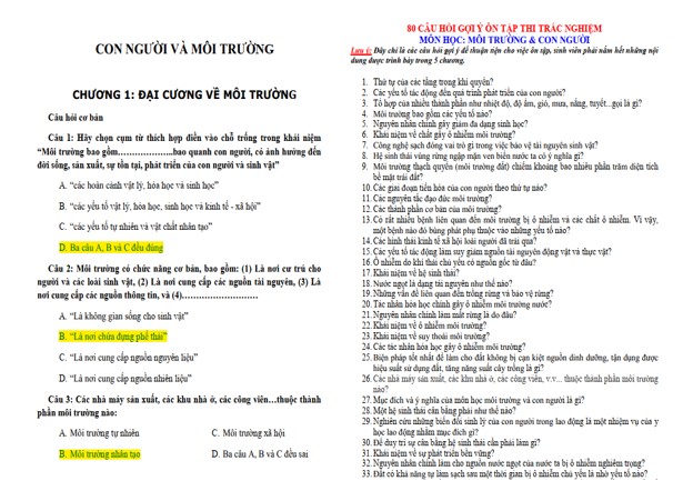 250 Câu trắc nghiệm môi trường và con người có đáp án