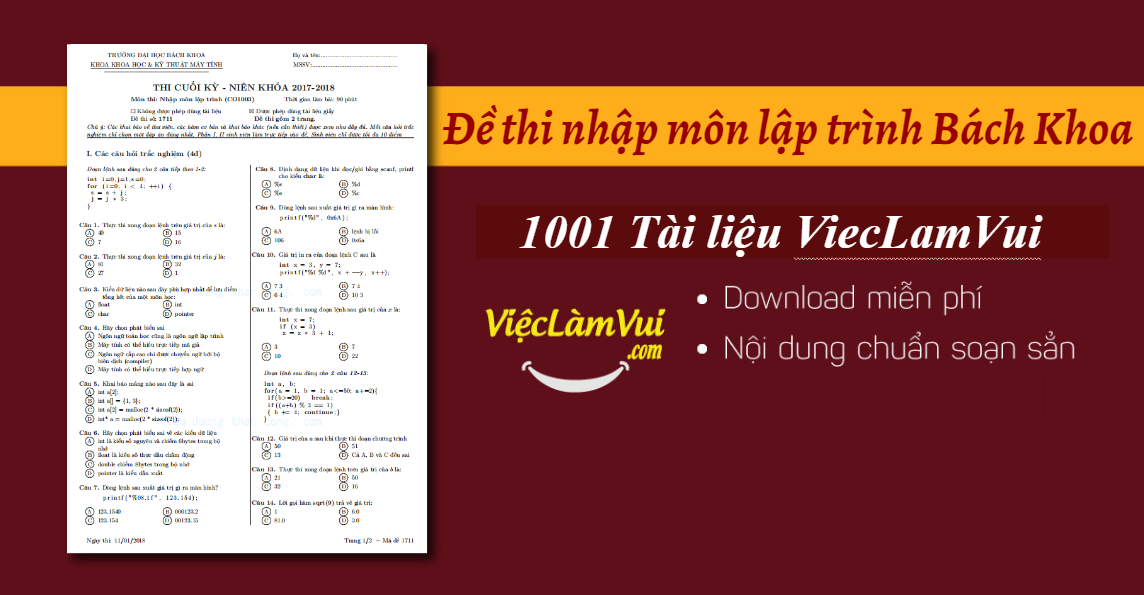 Tổng hợp các đề thi nhập môn lập trình Bách Khoa có đáp án