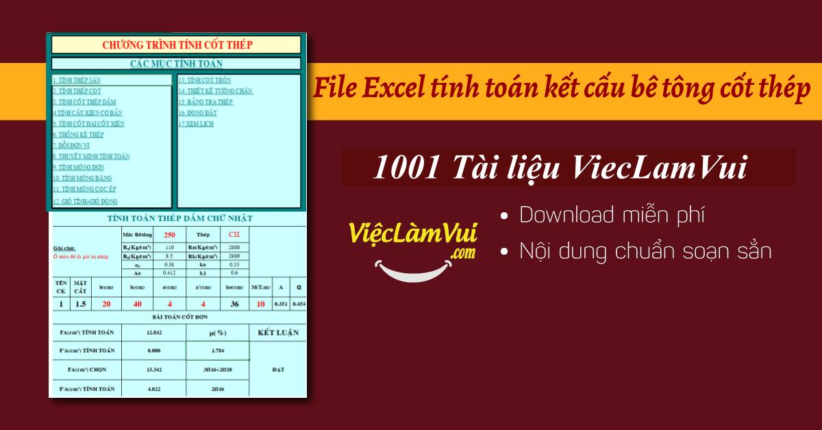 File Excel tính toán kết cấu bê tông cốt thép - ViecLamVui