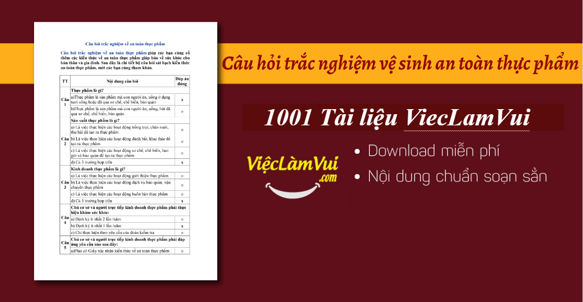 Câu hỏi trắc nghiệm vệ sinh an toàn thực phẩm có đáp án
