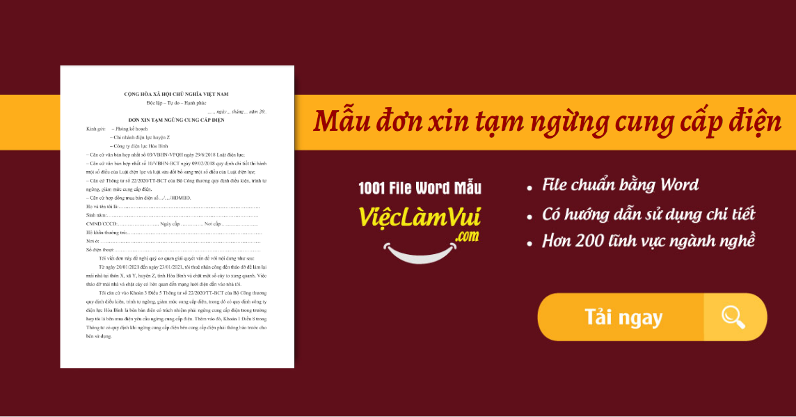 Mẫu đơn xin tạm ngừng cung cấp điện