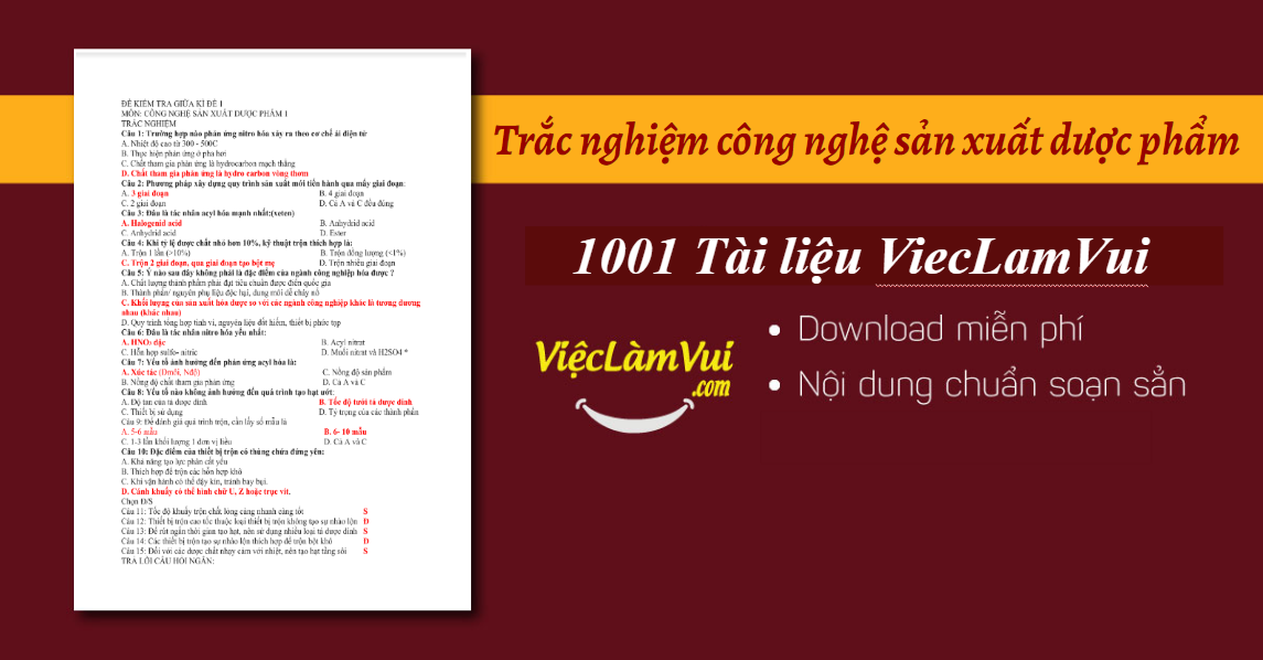 Bộ câu hỏi trắc nghiệm công nghệ sản xuất dược phẩm 1, 2