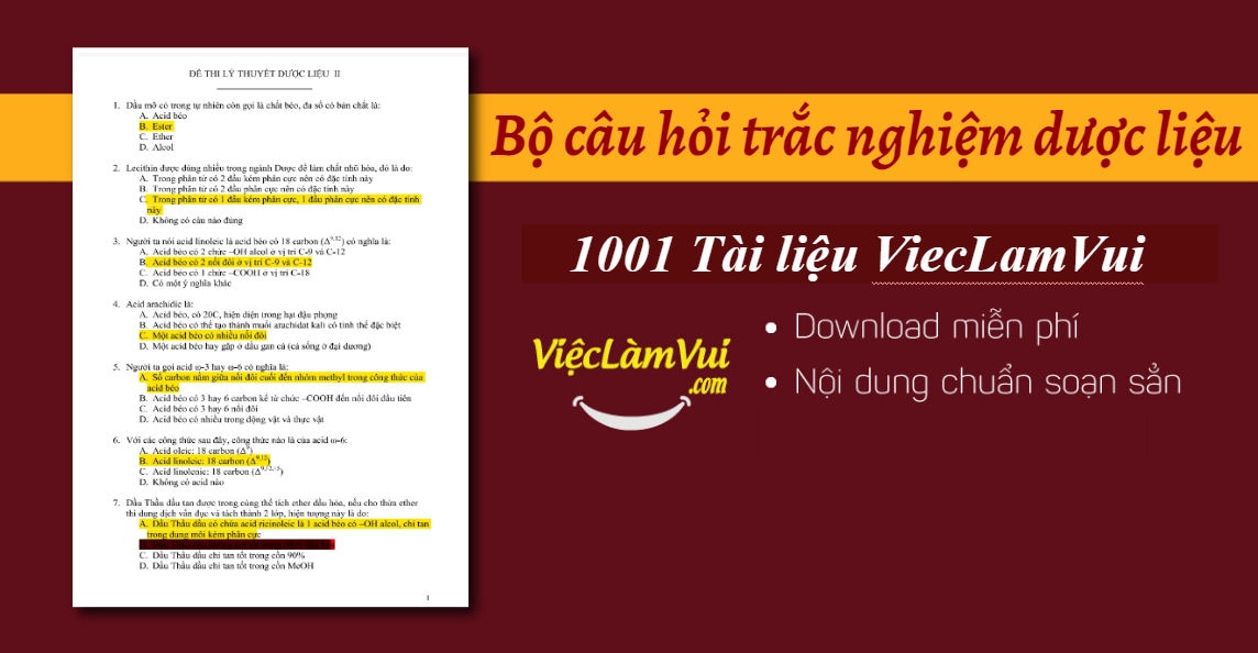 Bộ câu hỏi trắc nghiệm dược liệu có đáp án