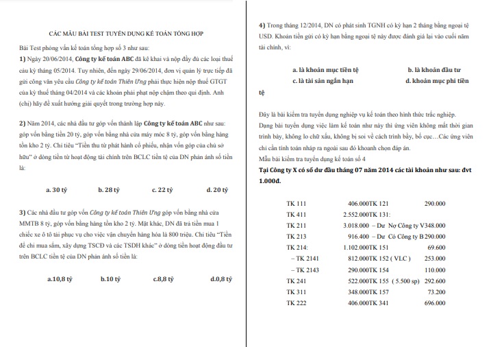 Các mẫu bài test tuyển dụng kế toán tổng hợp