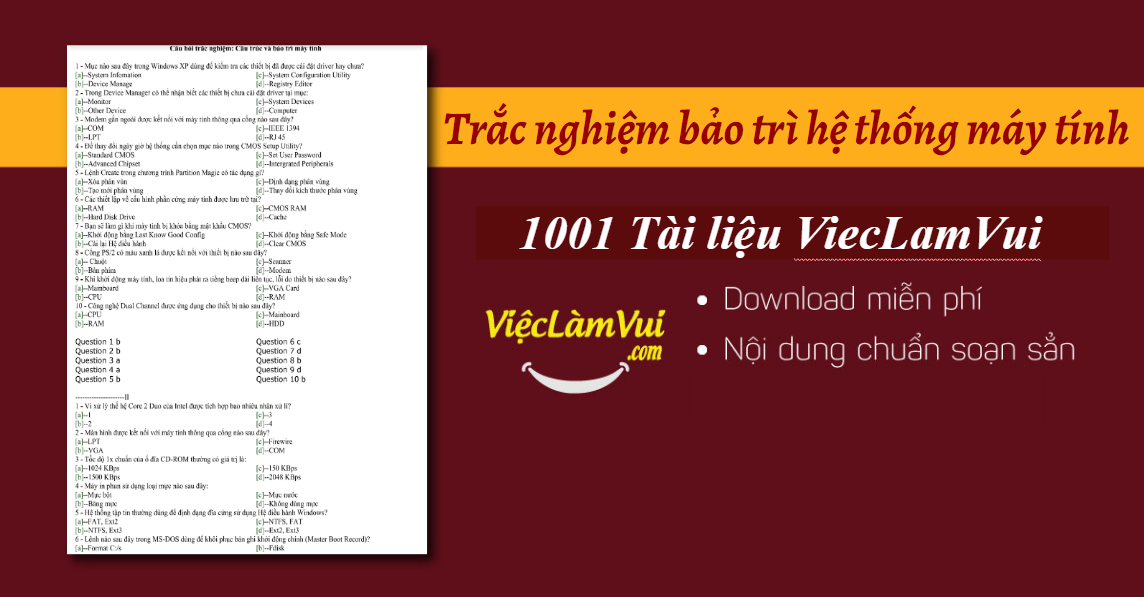 Trắc nghiệm bảo trì hệ thống máy tính có đáp án