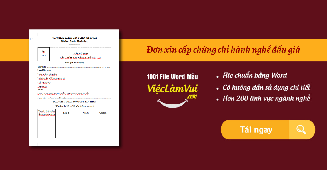 đơn xin cấp chứng chỉ hành nghề đấu giá - ViecLamVui