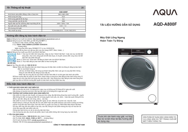 Sách hướng dẫn sử dụng máy giặt Aqua 8kg PDF