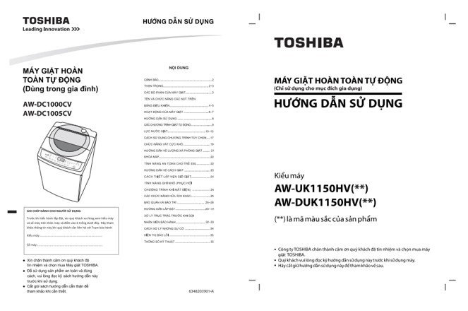 Sách hướng dẫn sử dụng máy giặt Toshiba PDF