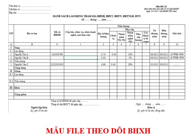 Mẫu file theo dõi BHXH file Excel