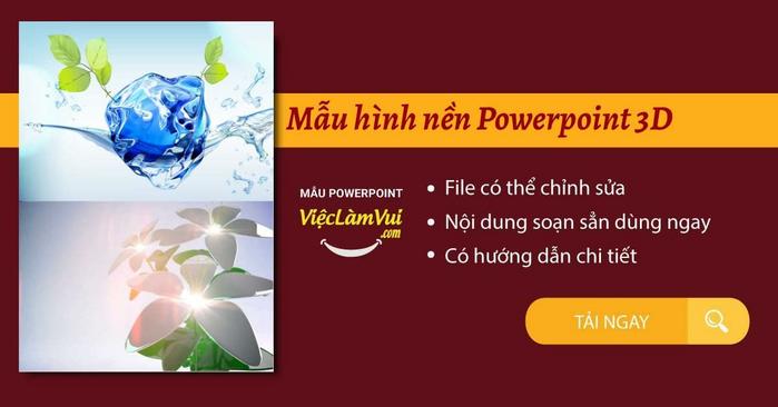 Mẫu hình nền powerpoint 3D giúp bạn tạo nên bài thuyết trình nổi bật và ấn tượng. Với hiệu ứng 3D độc đáo, hình ảnh sẽ trở nên sinh động và thu hút được sự chú ý của khán giả. Bạn cũng có thể thêm các hiệu ứng hấp dẫn khác như phát triển nội dung theo thứ tự, tạo hiệu ứng chuyển động để giúp từng slide trở nên bắt mắt hơn.