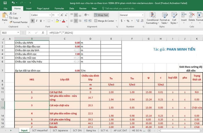 Hình ảnh bảng tính sức chịu tải của cọc theo TCVN 10304: 2014 file Excel: