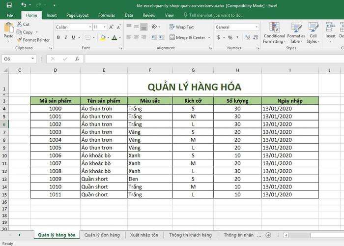 File Excel quản lý hàng hóa sản phẩm