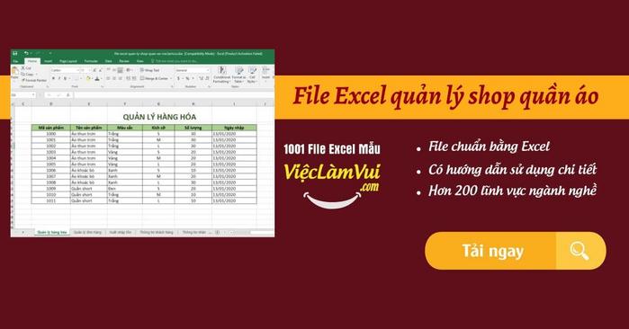 File Excel quản lý shop quần áo