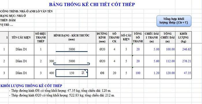 Hình ảnh file Excel thống kê chi thép chi tiết 