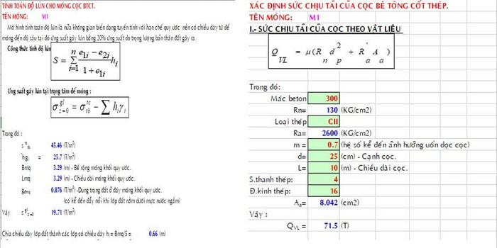 Tải bảng Excel tính toán móng cọc mẫu chi tiết nhất ✓ Đầy đủ tính toán độ lún cho móng cọc BTCT, tính kết cấu đài cọc, tính toán sức chịu tải của cọc bê tông cốt thép, xác định sức chịu tải của cọc khoan nhồi... ✓ Bảng Excel tính toán móng cọc chính xác trong thi công xây dựng nhà ở, tòa nhà, văn phòng, các công trình công cộng ... ✓ Download miễn phí tại ViecLamVui