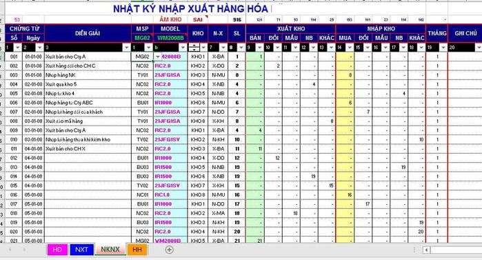 Hình ảnh File Excel bảng nhập liệu các nghiệp vụ nhập xuất kho hằng