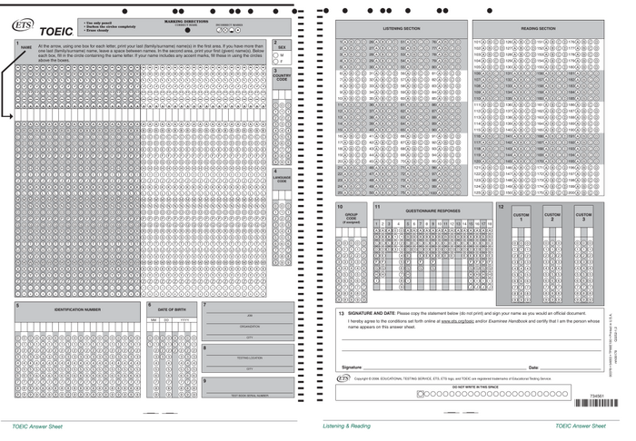 mẫu Answer Sheet TOEIC